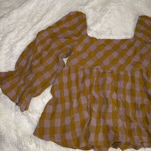 entro Pink and Brown Gingham Puff-Sleeve Peplum Blouse